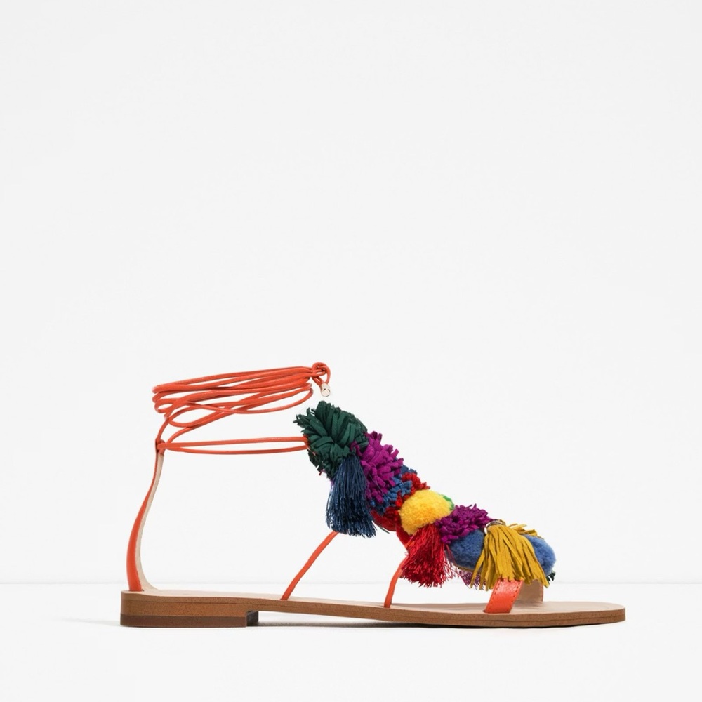Zara Colorful Pom Pom Tassel Lace Up Open Toe Sandals (Size 38) - Picture 4 of 7